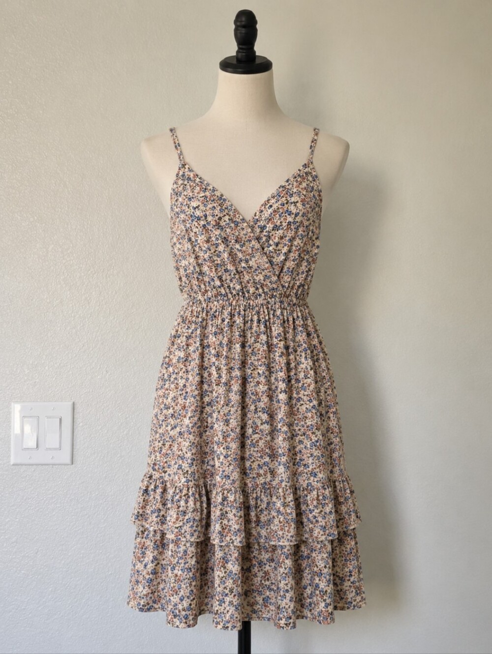 SHEIN Blue and Cream Floral Spaghetti Strap Midi Dress